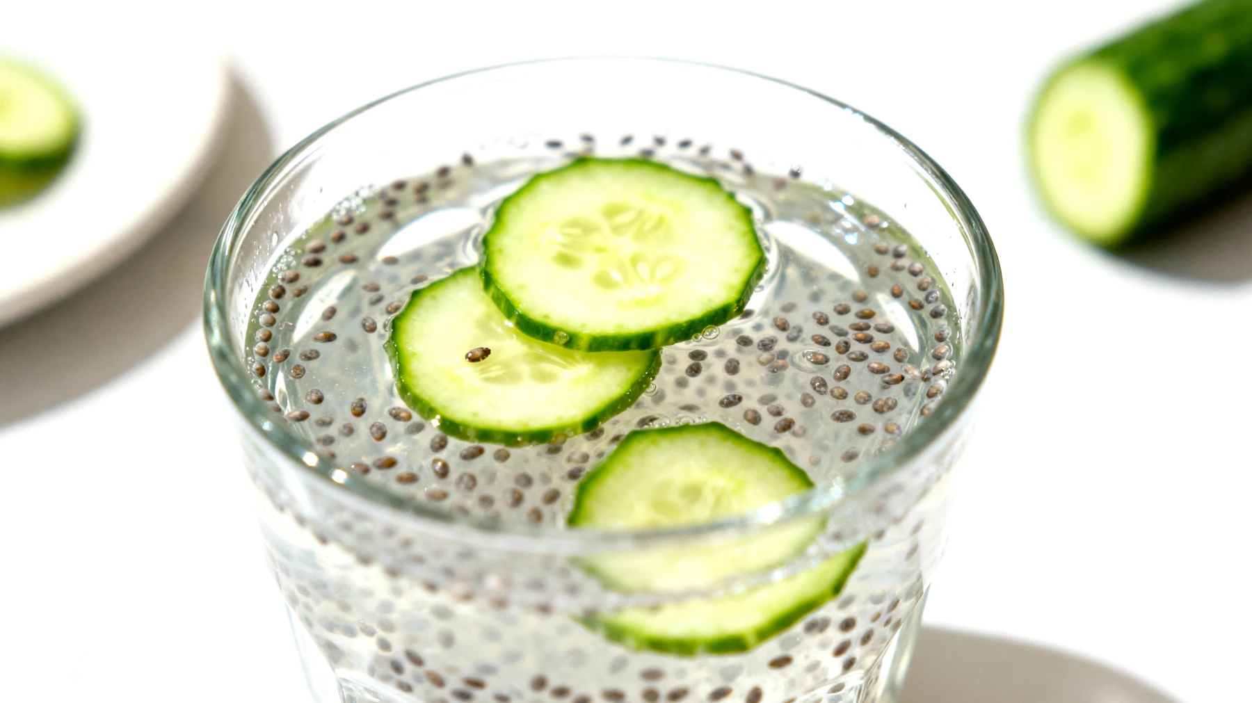 Kefir d'acqua con semi di chia e fettine di cetriolo"