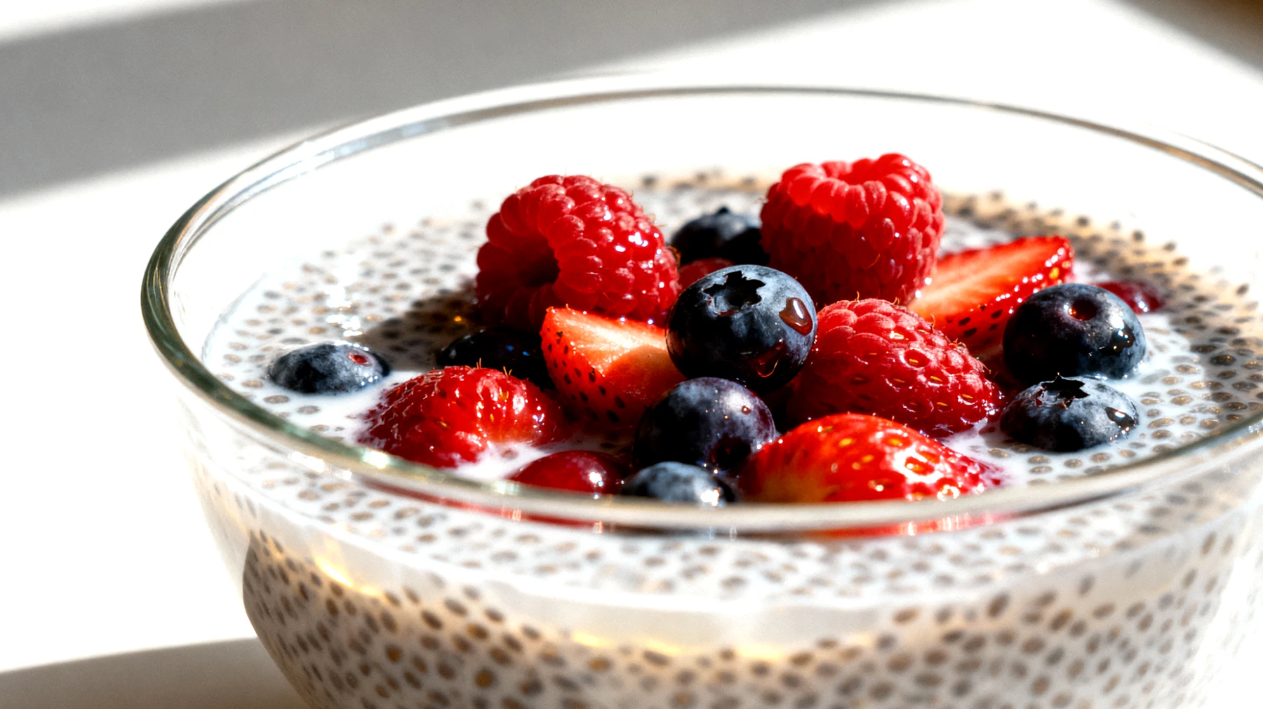 Semi di chia in pudding con acqua di cocco e frutti rossi"