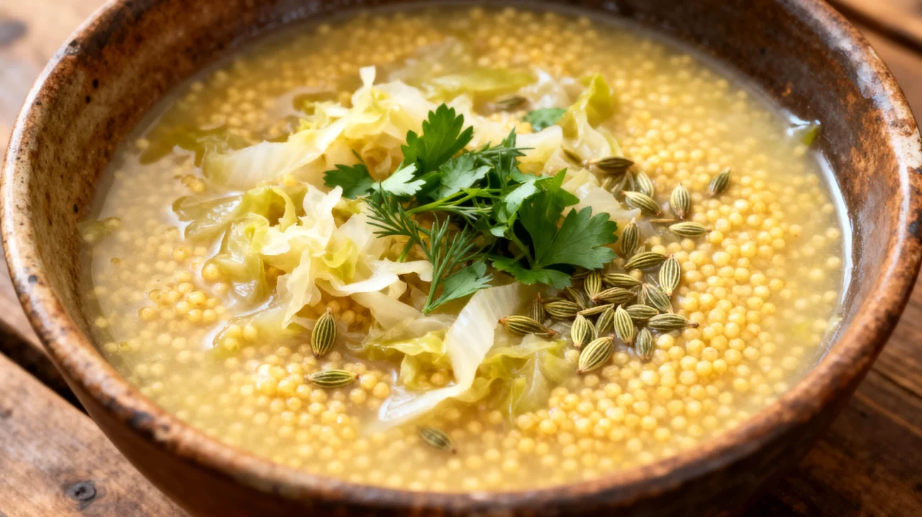 Zuppa di miglio con verdure fermentate (crauti) e semi di finocchio"