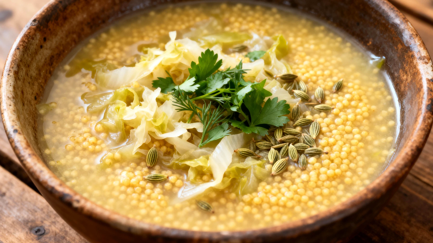 Zuppa di miglio con verdure fermentate (crauti) e semi di finocchio"