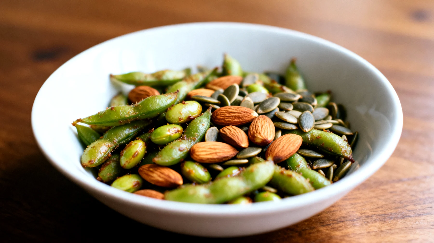 Edamame tostati con semi di zucca e mandorle"