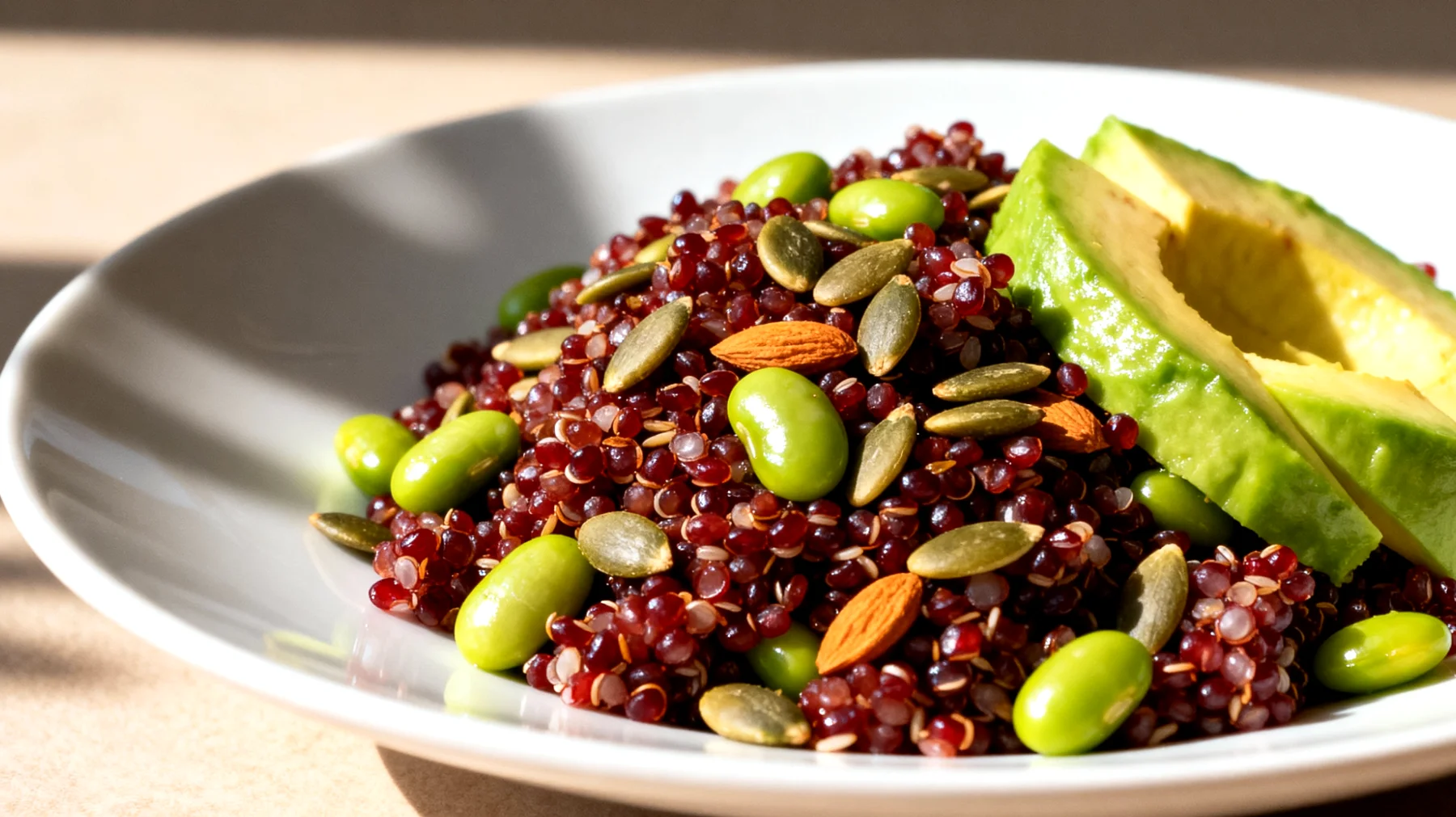 Insalata di quinoa rossa con edamame, semi di zucca e avocado"