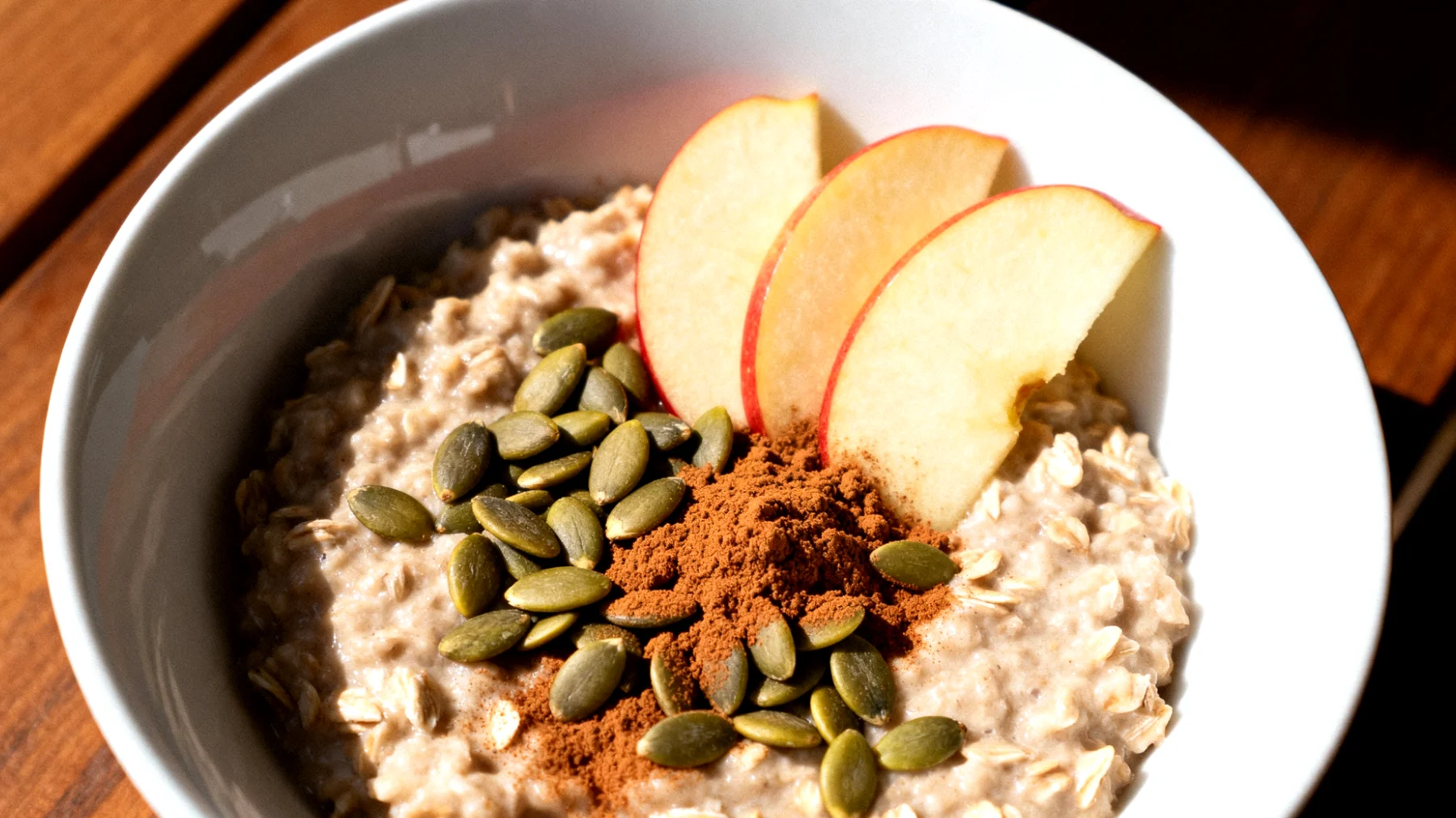 Porridge di avena integrale con semi di zucca, cannella e mela"