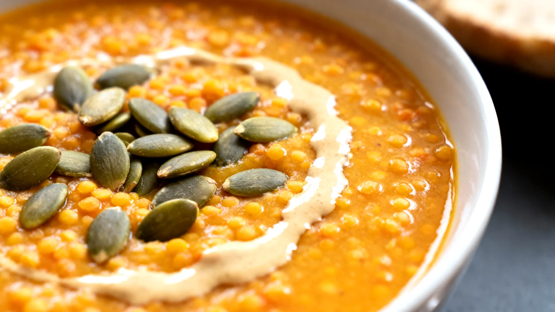 Zuppa di lenticchie rosse con semi di zucca e tahina"