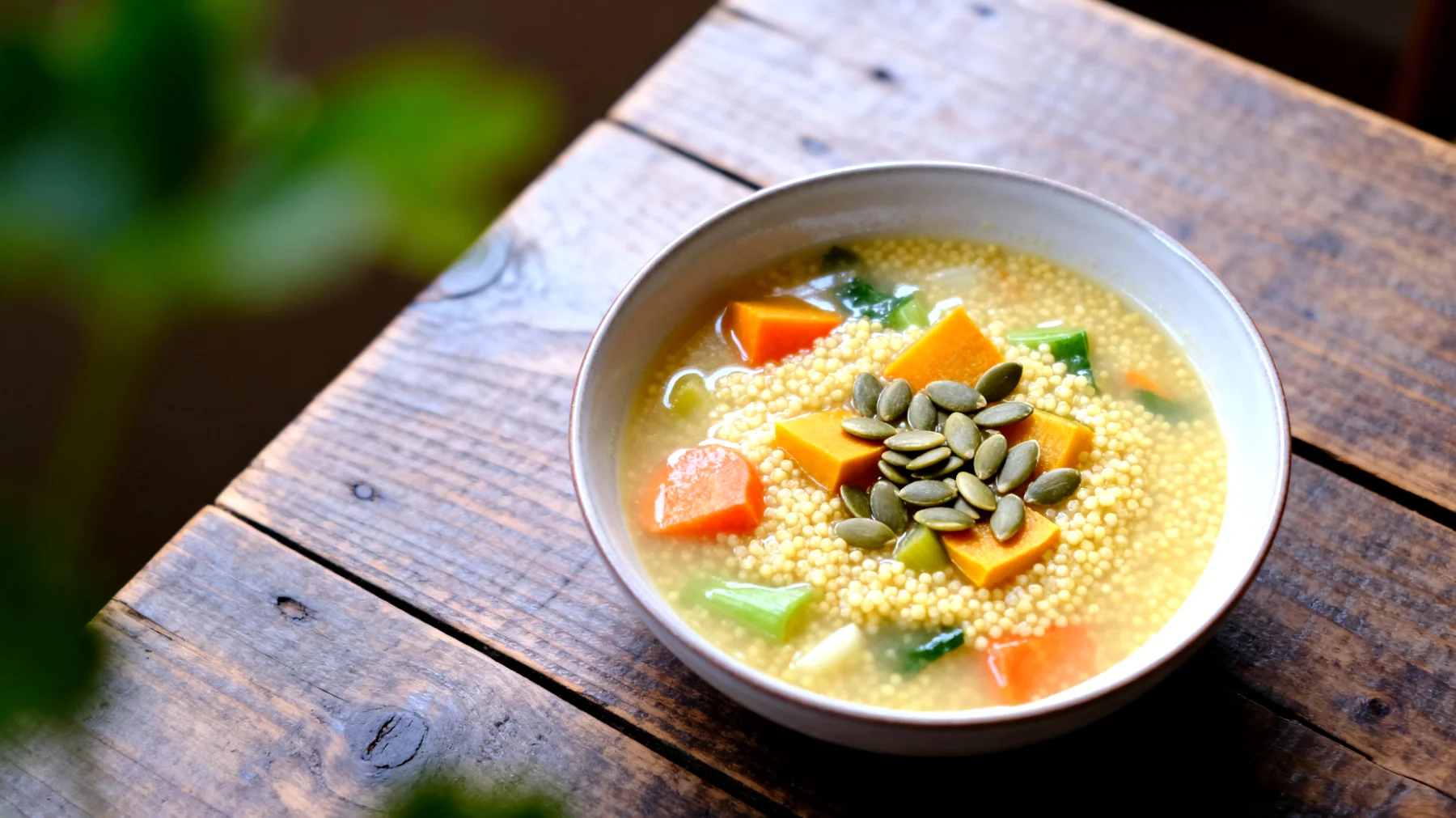 Zuppa di miglio con verdure di stagione e semi di zucca"