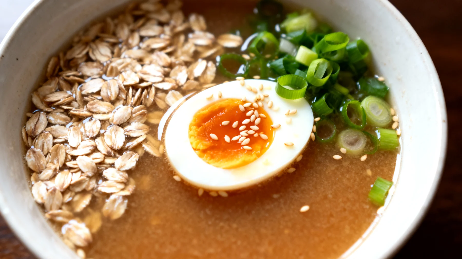 Zuppa di miso con avena integrale e uovo marinato"
