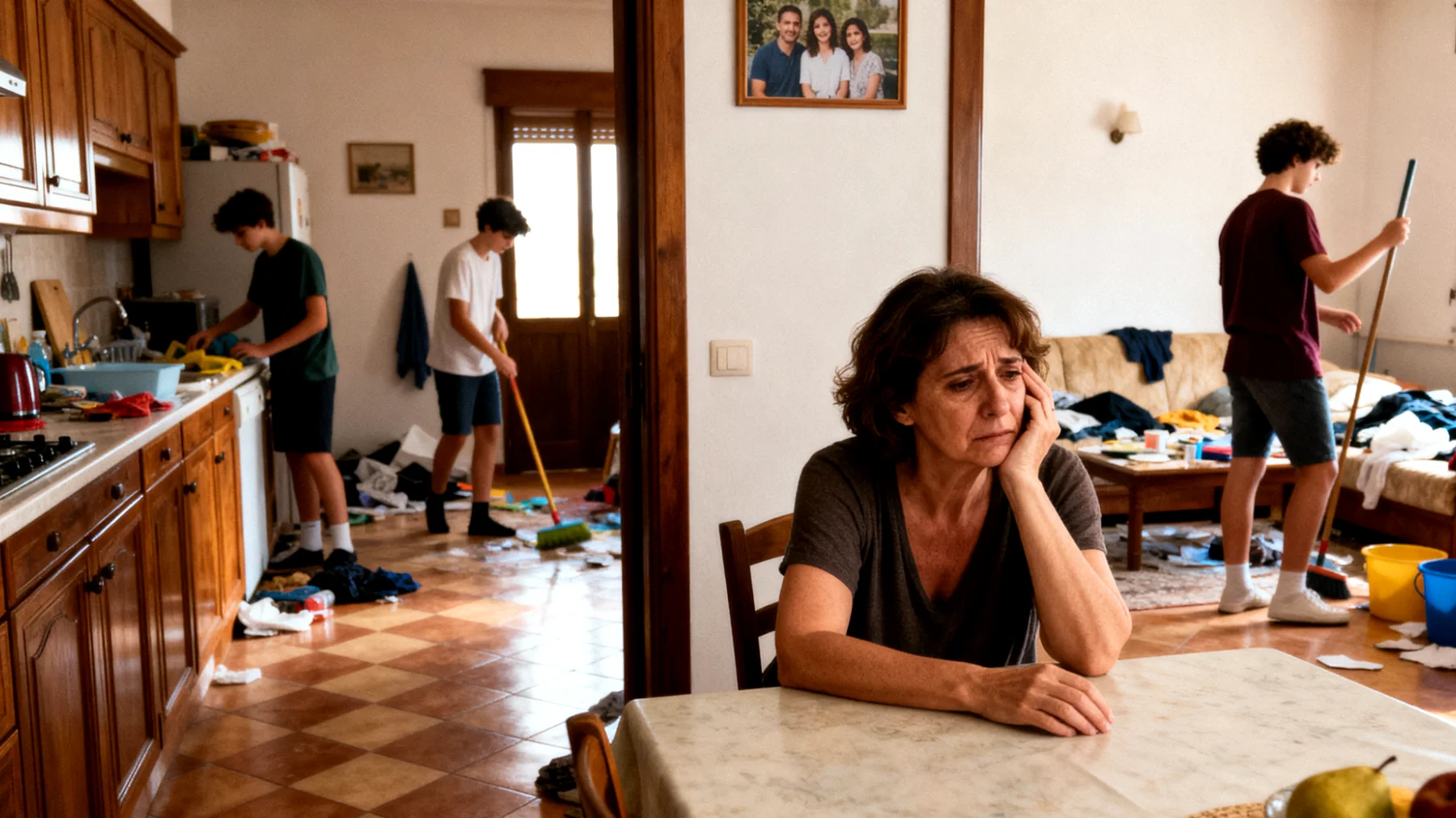 Una mamma fatica a stabilire regole chiare e limiti efficaci con i suoi figli giovani adulti, che pur vivendo ancora in casa o dipendendo economicamente dalla famiglia, tendono a ignorare le regole domestiche, rientrano a orari imprecisati, non contribuiscono alle spese o alle faccende, generando tensioni continue e un senso di impotenza nella madre che non sa come affermare la propria autorità senza danneggiare il rapporto affettivo."