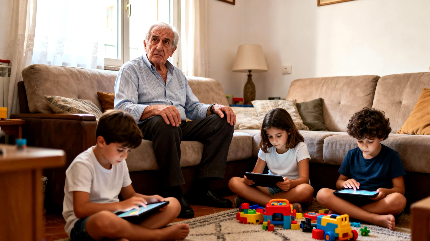 Il nonno fatica a comunicare con i nipoti bambini perché non riesce a sintonizzarsi sul loro linguaggio e interessi, creando momenti di silenzio imbarazzante e distanza emotiva durante gli incontri familiari"