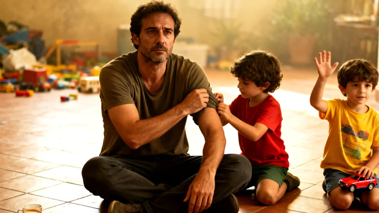 Un papà che fatica a instaurare un dialogo emotivo profondo con i suoi bambini piccoli, limitandosi agli aspetti pratici della cura quotidiana senza riuscire a esprimere affetto verbalmente o a parlare apertamente di emozioni e sentimenti."