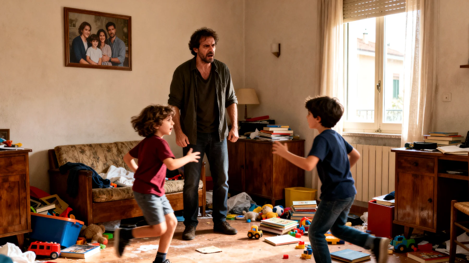 Papà che fatica a stabilire regole chiare e coerenti con i bambini, creando conflitti e incomprensioni sulla gestione dei limiti quotidiani"