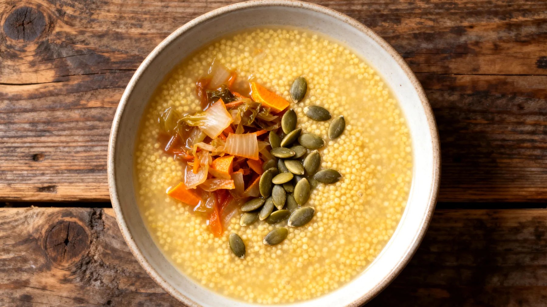 Zuppa di miglio con verdure fermentate e semi di zucca"
