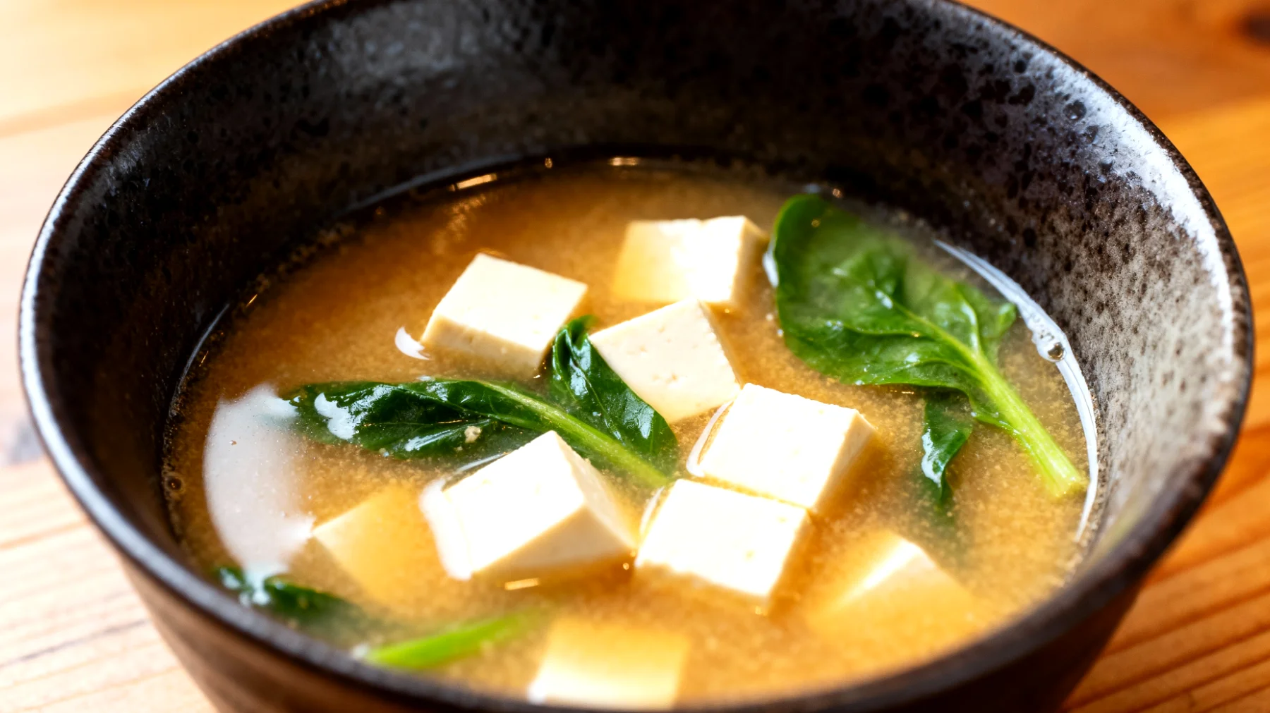 Zuppa di miso con tofu e verdure a foglia verde"
