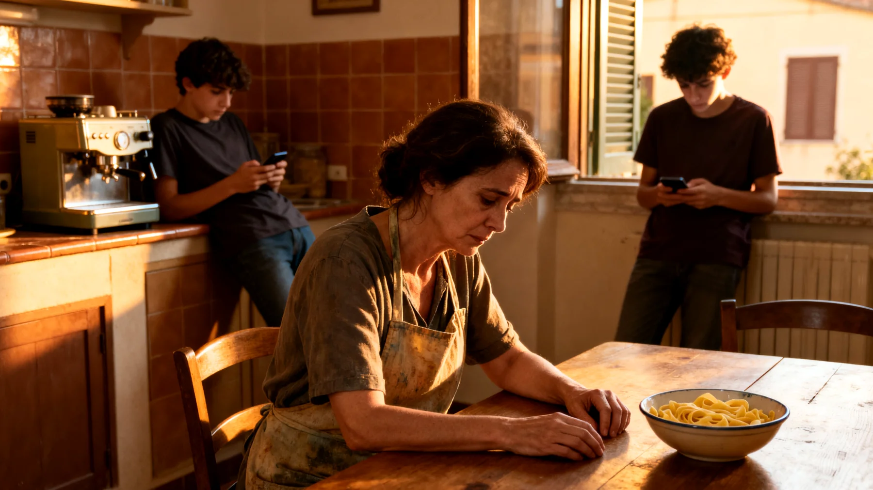 Una mamma che fatica a trovare tempo ed energie per mantenere un dialogo profondo e autentico con i suoi figli giovani adulti, sentendosi distante dalla loro vita quotidiana a causa degli impegni lavorativi, delle responsabilità domestiche e della stanchezza accumulata"