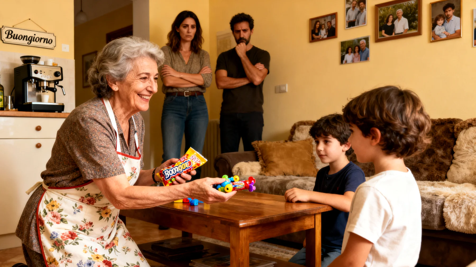 Una nonna che, nel tentativo di essere amata e di godersi appieno il tempo con i nipoti bambini, tende a concedere tutto ciò che chiedono senza porre limiti, creando confusione educativa e possibili attriti con i genitori che seguono regole più strutturate."