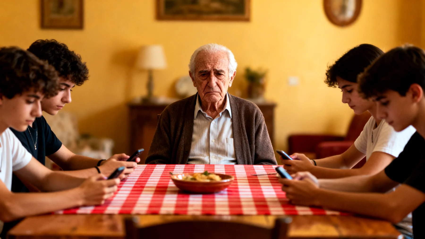 Il nonno si sente escluso e preoccupato perché i nipoti giovani adulti sono costantemente assorbiti dai loro smartphone e social media durante le visite familiari, rendendo difficile instaurare un dialogo autentico e trasmettere valori ed esperienze di vita"