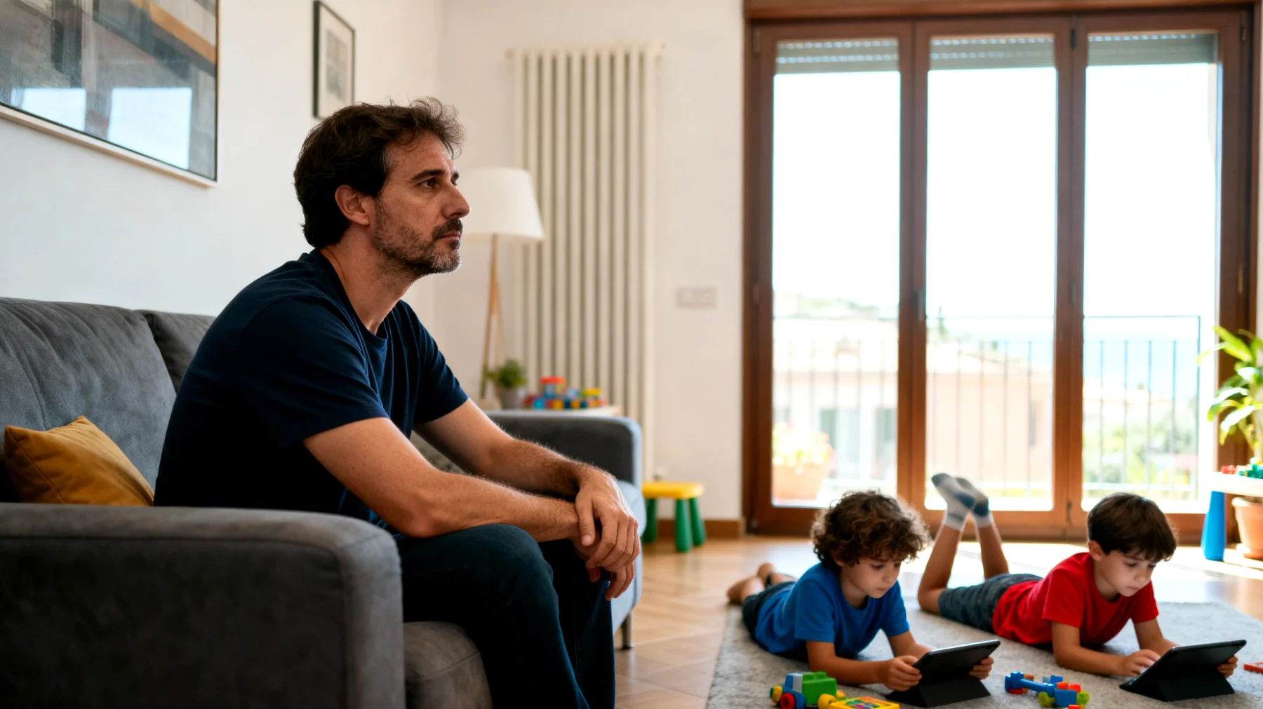 Un papà fatica a connettersi emotivamente con i suoi bambini a causa di differenze generazionali nel modo di giocare, comunicare e trascorrere il tempo insieme, sentendosi inadeguato rispetto ai metodi educativi moderni e alle aspettative attuali sulla paternità partecipativa"